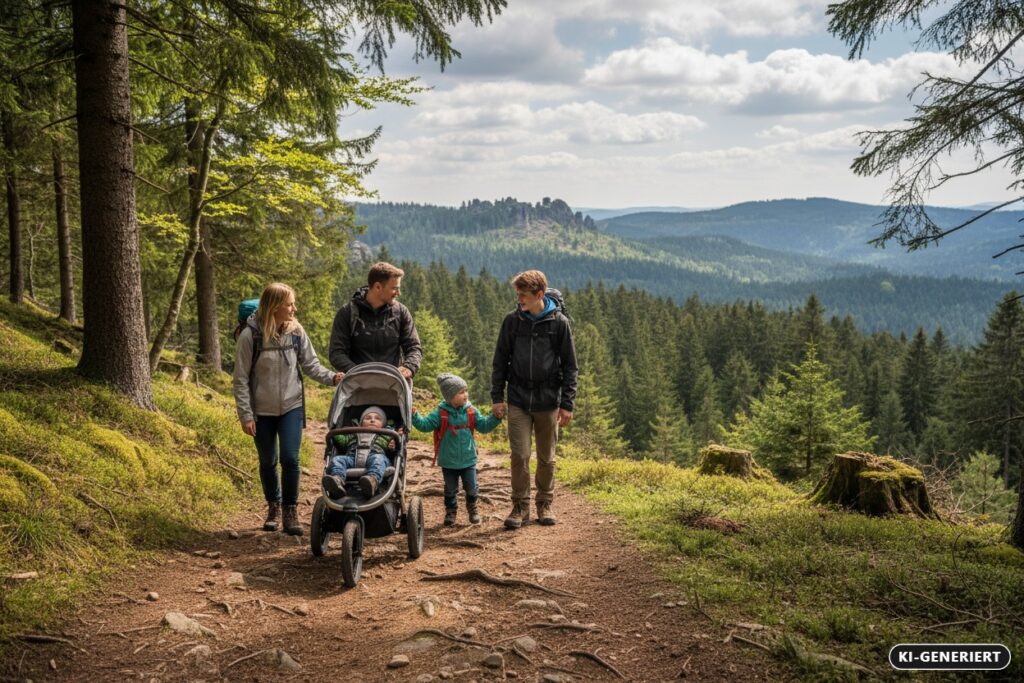 KI-generiert: Eine vierköpfige Familie wandert mit einem Kinderwagen auf einem Waldweg vor einer bergigen Landschaft.
